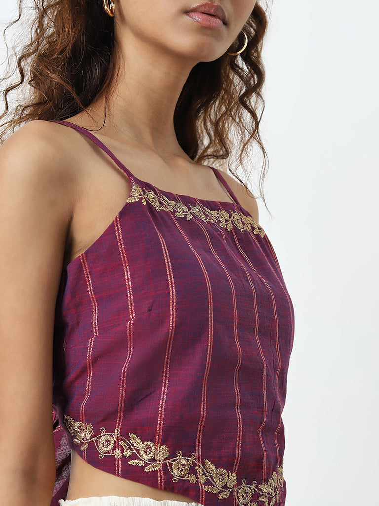 Bombay Paisley Purple Floral Knot-Detailed Cotton Blend Top