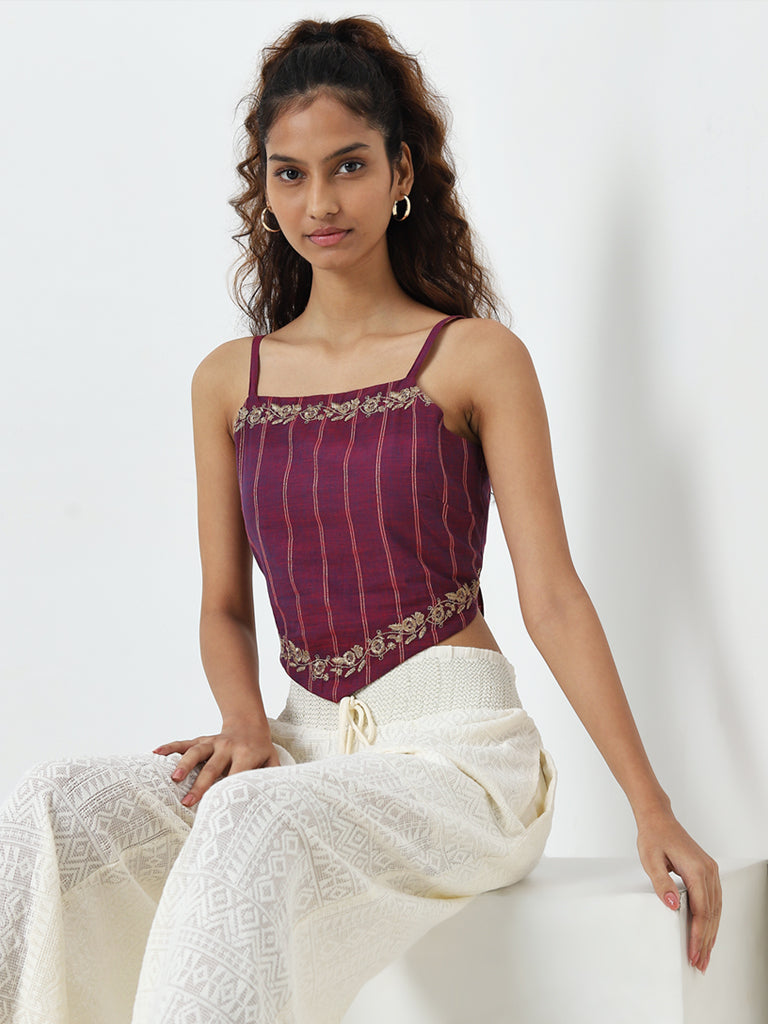 Bombay Paisley Purple Floral Knot-Detailed Cotton Blend Top