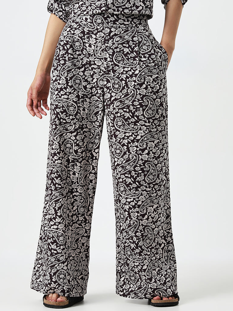 Bombay Paisley Brown Paisley Print High-Rise Cotton Trousers