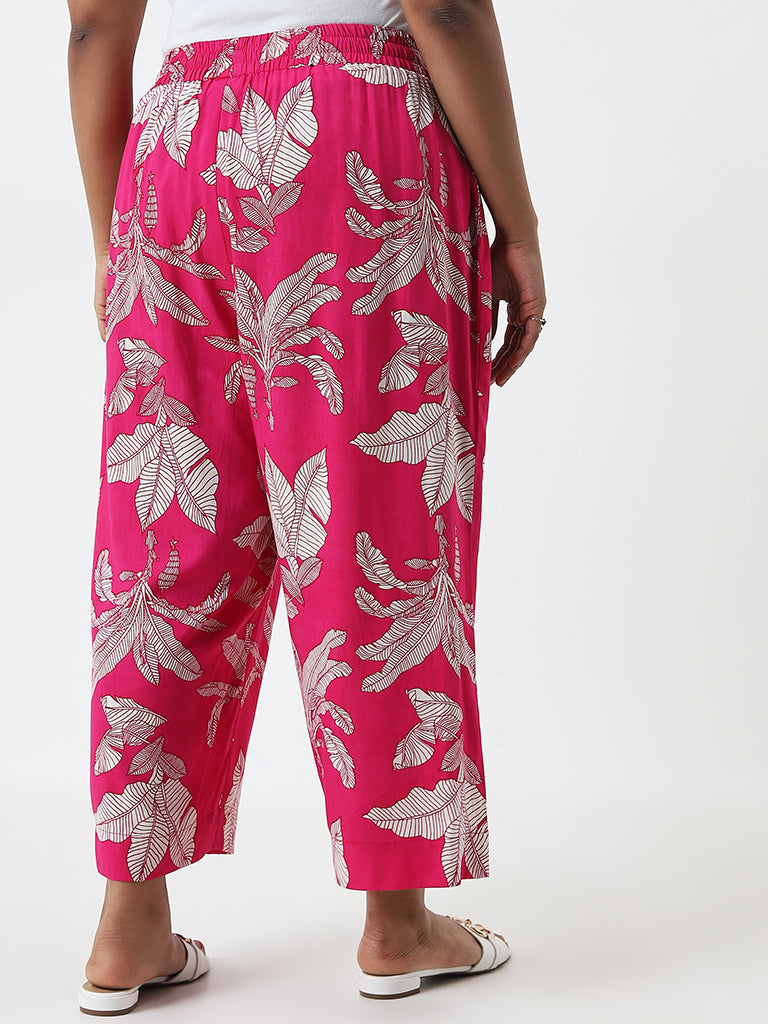 Diza Magenta Foliage Printed High-Rise Cotton Ethnic Pants