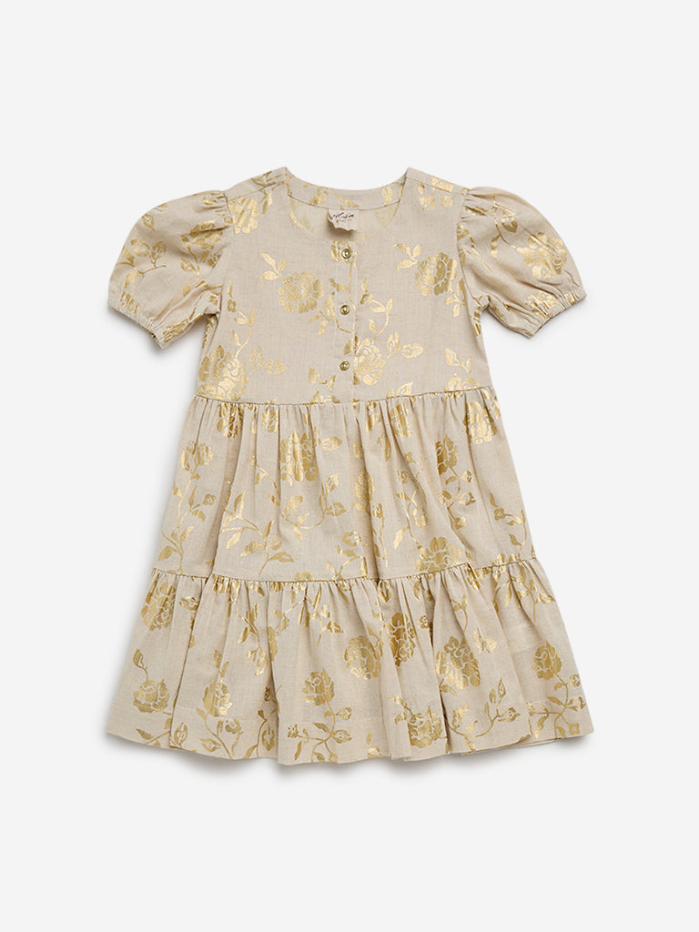 Utsa Kids Beige Floral Printed Tiered Cotton Blend Dress - (2 -8yrs)