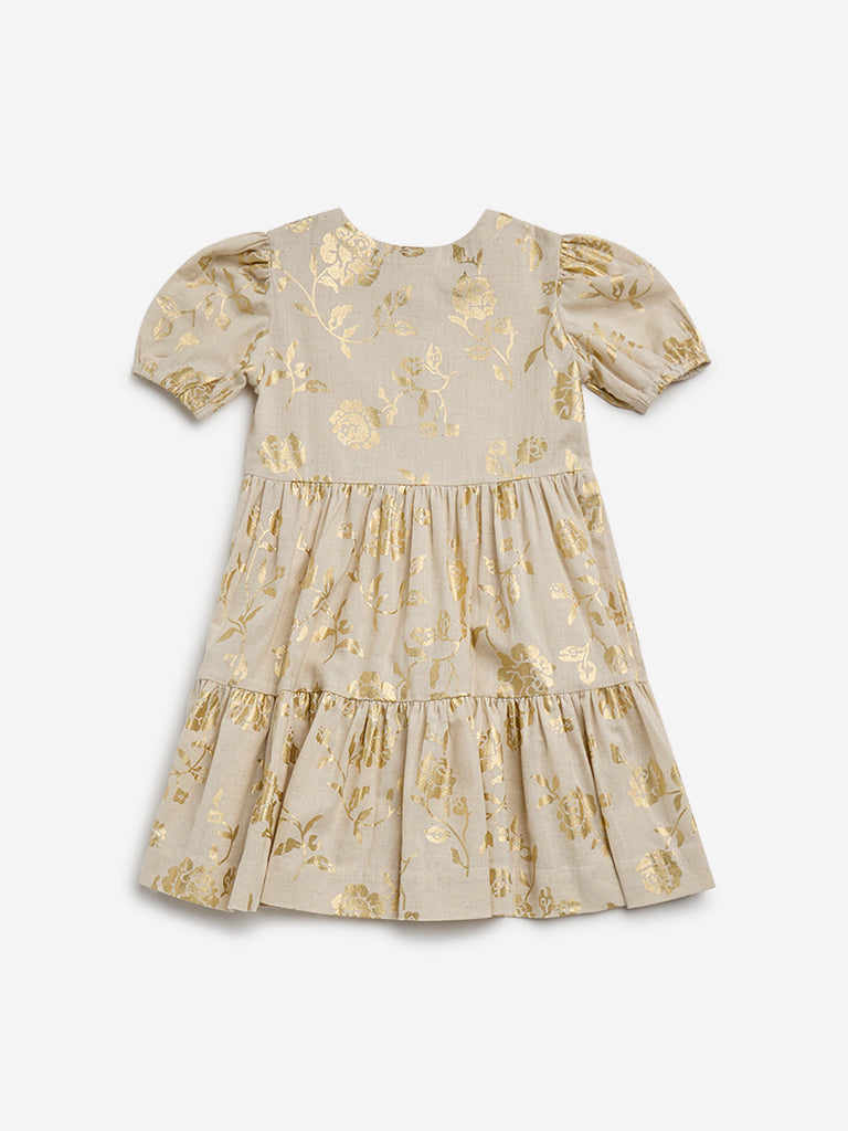 Utsa Kids Beige Floral Printed Tiered Cotton Blend Dress - (2 -8yrs)