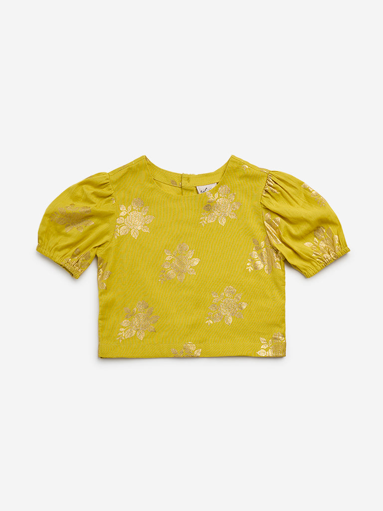 Utsa Kids Lime Floral Printed Cotton Blend Top - (2 -8yrs)