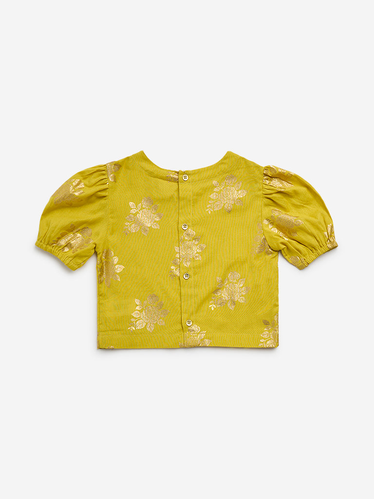 Utsa Kids Lime Floral Printed Cotton Blend Top - (2 -8yrs)