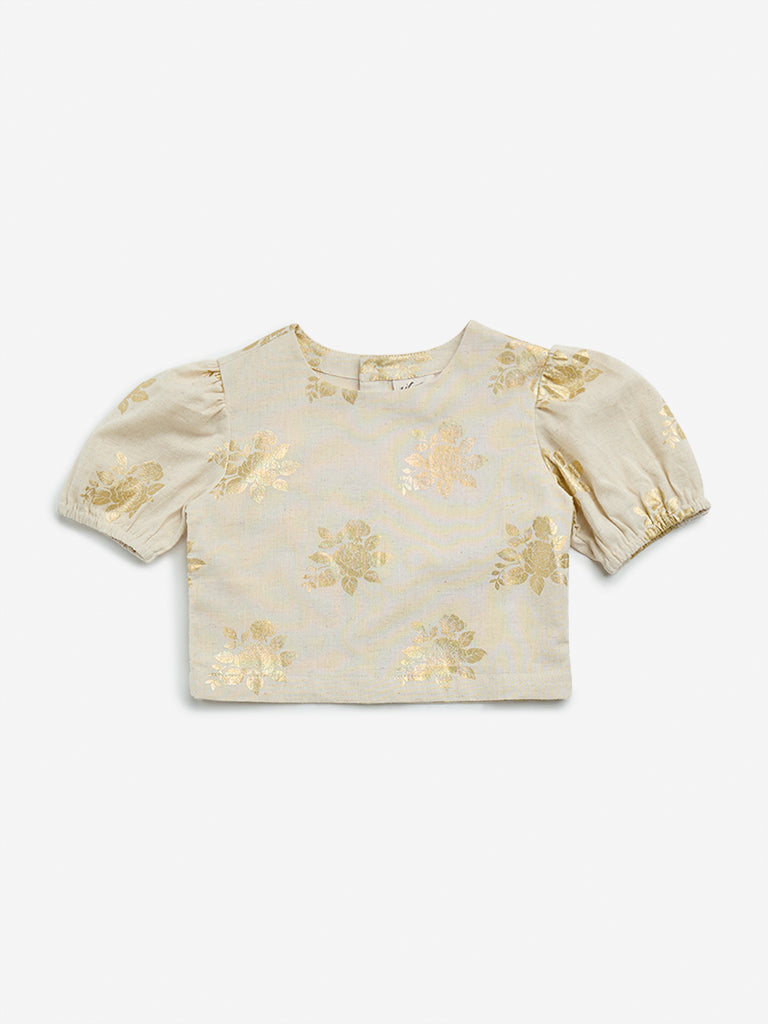 Utsa Kids Beige Floral Printed Cotton Blend Top - (2 -8yrs)