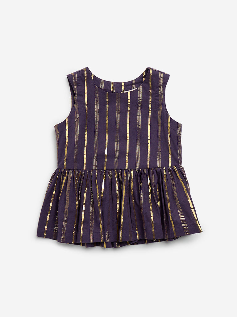 Utsa Kids Purple Striped Peplum Cotton Blend Top - (2 - 8 yrs)