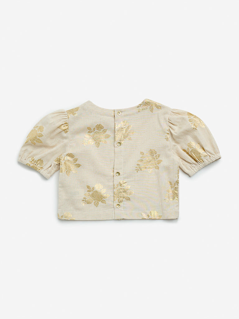 Utsa Kids Beige Floral Printed Cotton Blend Top - (2 -8yrs)