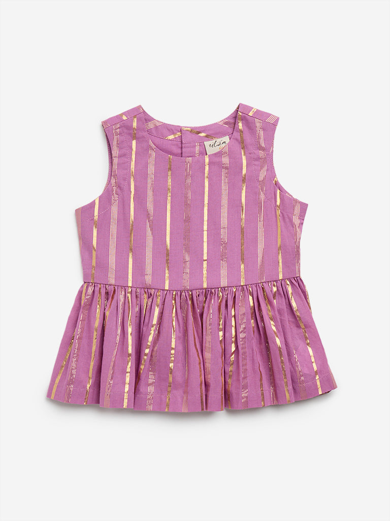 Utsa Kids Mauve Striped Peplum Cotton Blend Top - (2 - 8yrs)