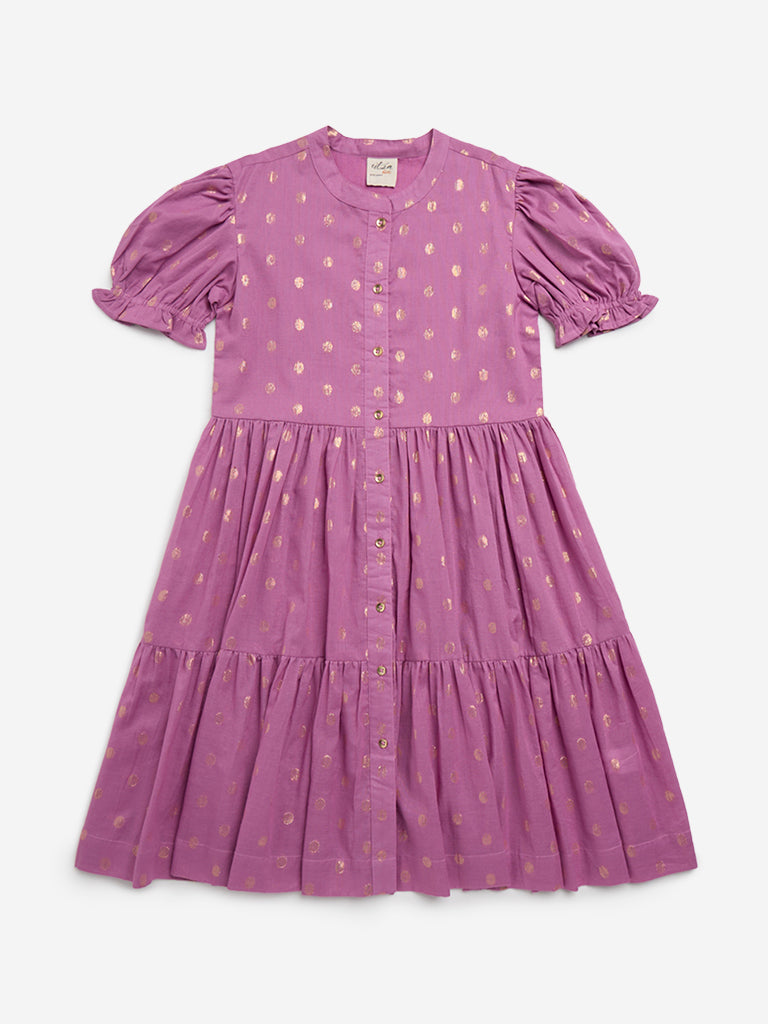 Utsa Kids Mauve Embroidered Tiered Cotton Blend Dress ( 8 - 14 yrs)