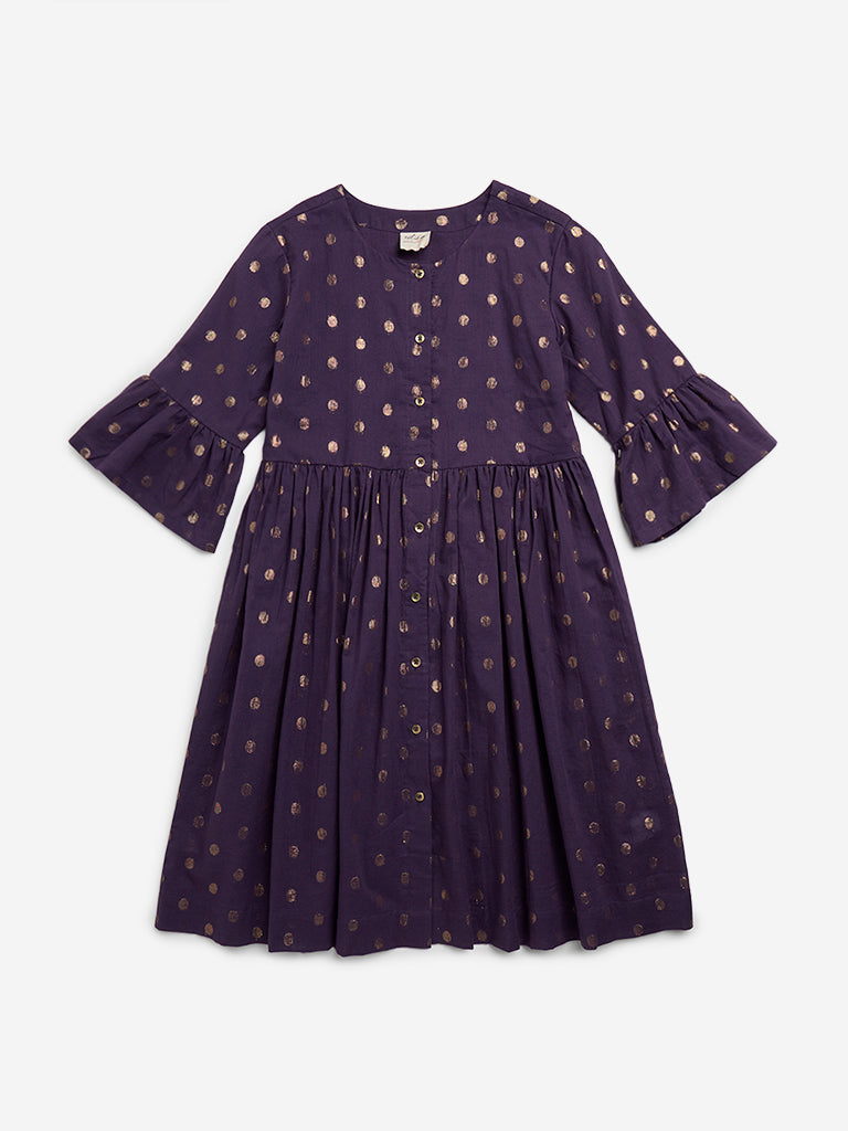 Utsa Kids Purple Printed A-Line Cotton Blend Dress - (8 - 14yrs)