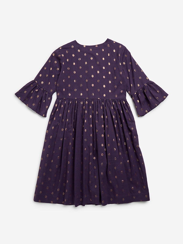 Utsa Kids Purple Printed A-Line Cotton Blend Dress - (8 - 14yrs)