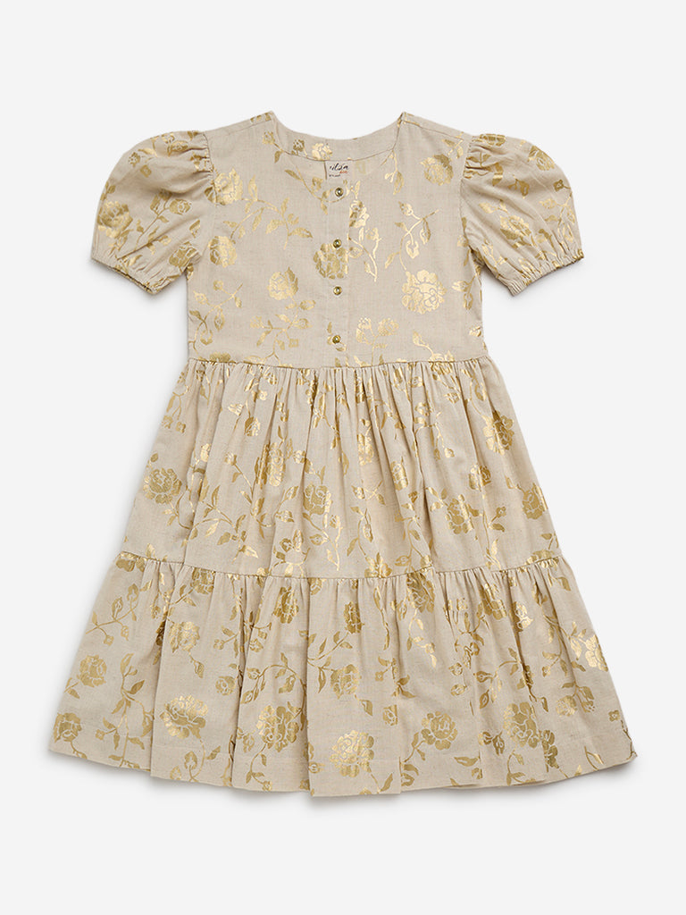 Utsa Kids Beige Floral Printed Tiered Cotton Blend Dress - (8 -14yrs)