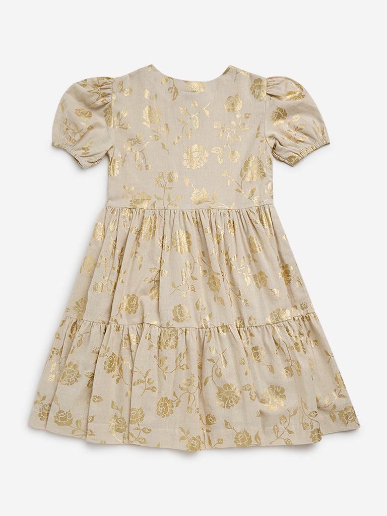 Utsa Kids Beige Floral Printed Tiered Cotton Blend Dress - (8 -14yrs)