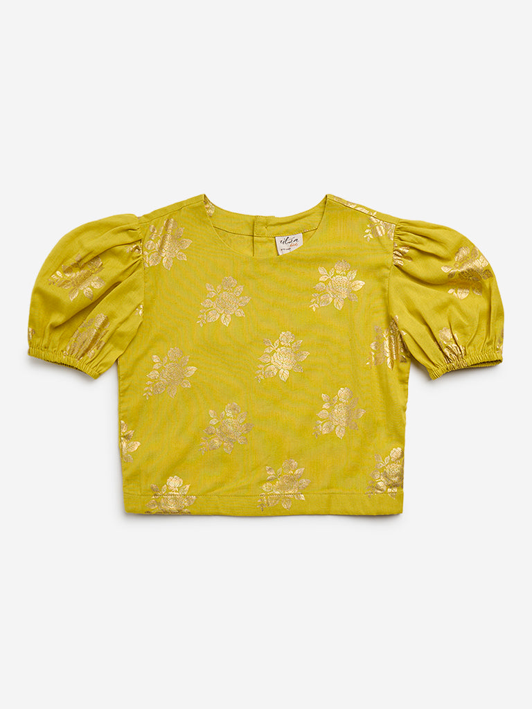 Utsa Kids Lime Floral Printed Cotton Blend Top - (8 -14yrs)