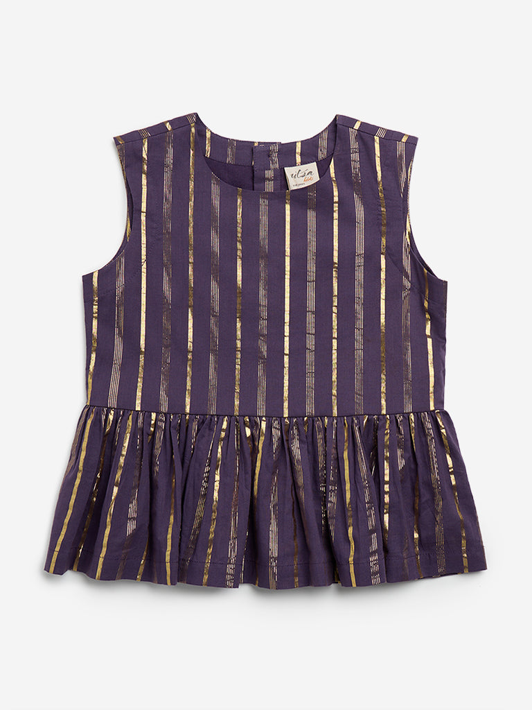 Utsa Kids Purple Striped Peplum Cotton Blend Top - (8 - 14yrs)