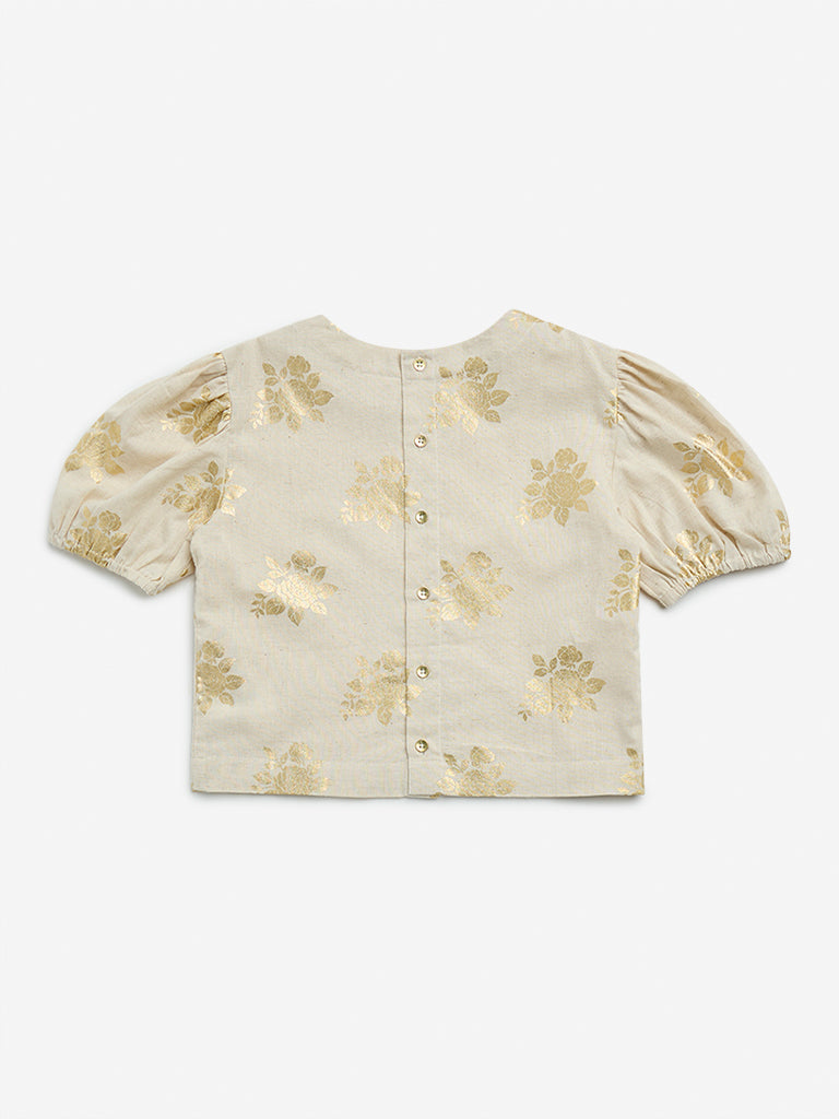 Utsa Kids Beige Floral Printed Cotton Blend Top - (8 -14yrs)