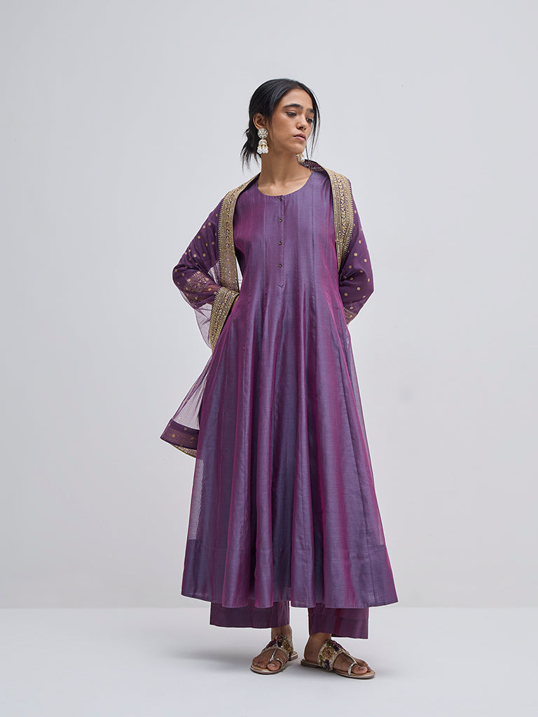 Vark Purple Embellished Kurta, Pants and Dupatta Set