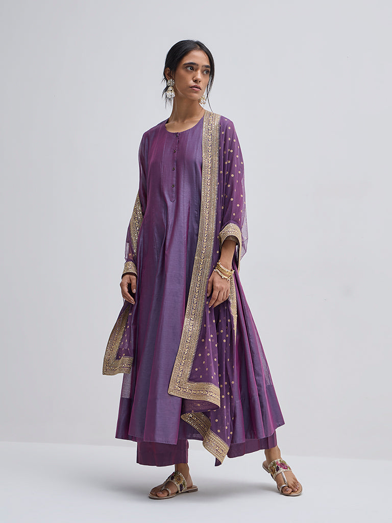 Vark Purple Embellished Kurta, Pants and Dupatta Set