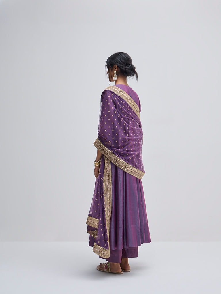 Vark Purple Embellished Kurta, Pants and Dupatta Set