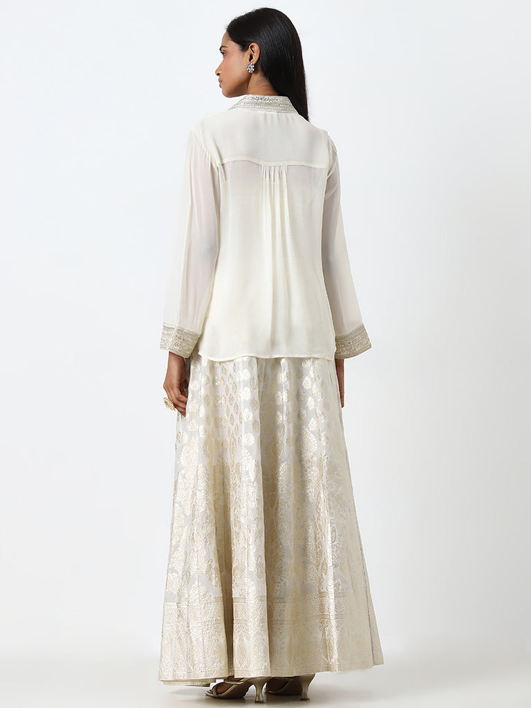 Vark Off-White Embellished Shirt, Inner and Brocade Skirt Set