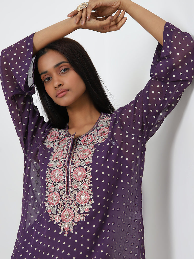 Vark Purple Embroidered Top, Inner and Skirt Set