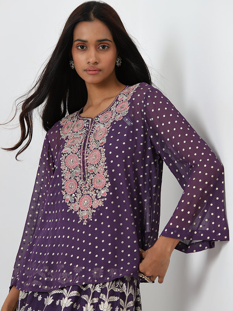 Vark Purple Embroidered Top, Inner and Skirt Set