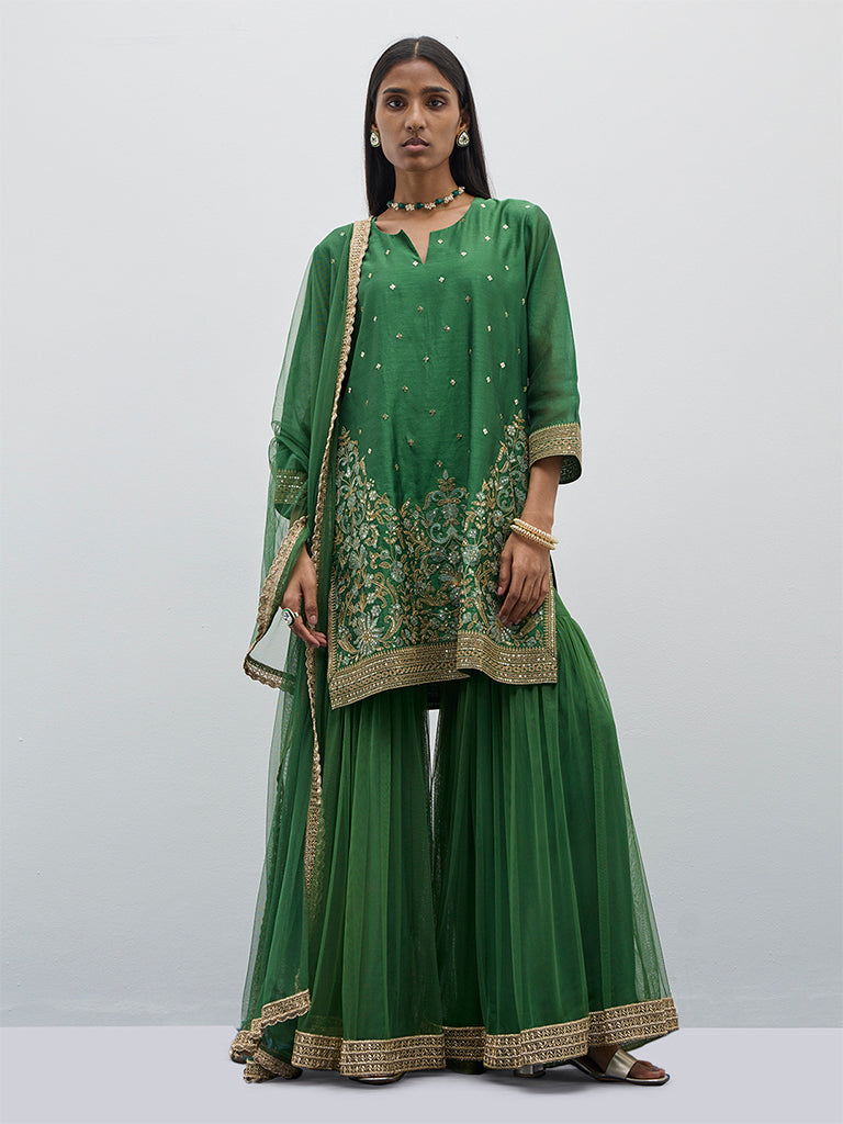 Vark Green Kurta, Sharara and Dupatta Set