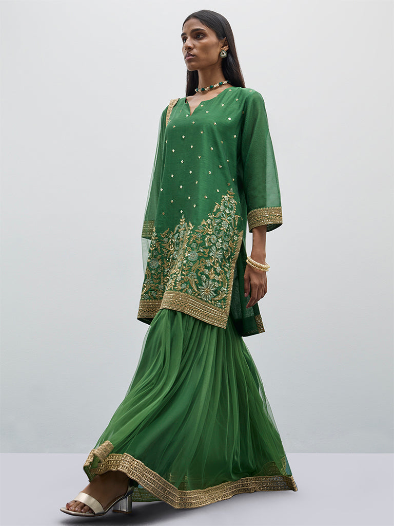 Vark Green Kurta, Sharara and Dupatta Set