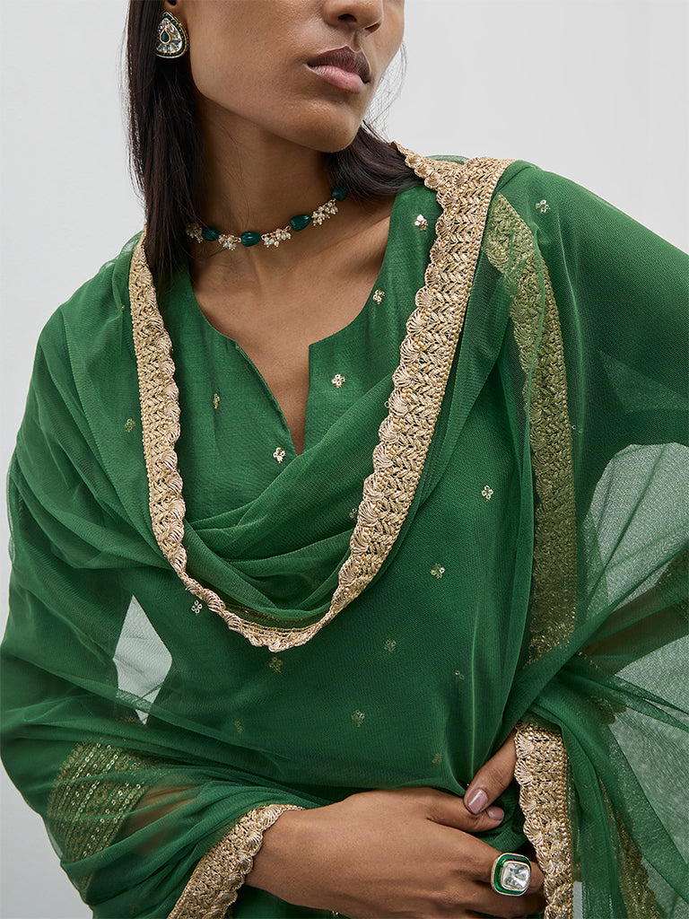 Vark Green Kurta, Sharara and Dupatta Set