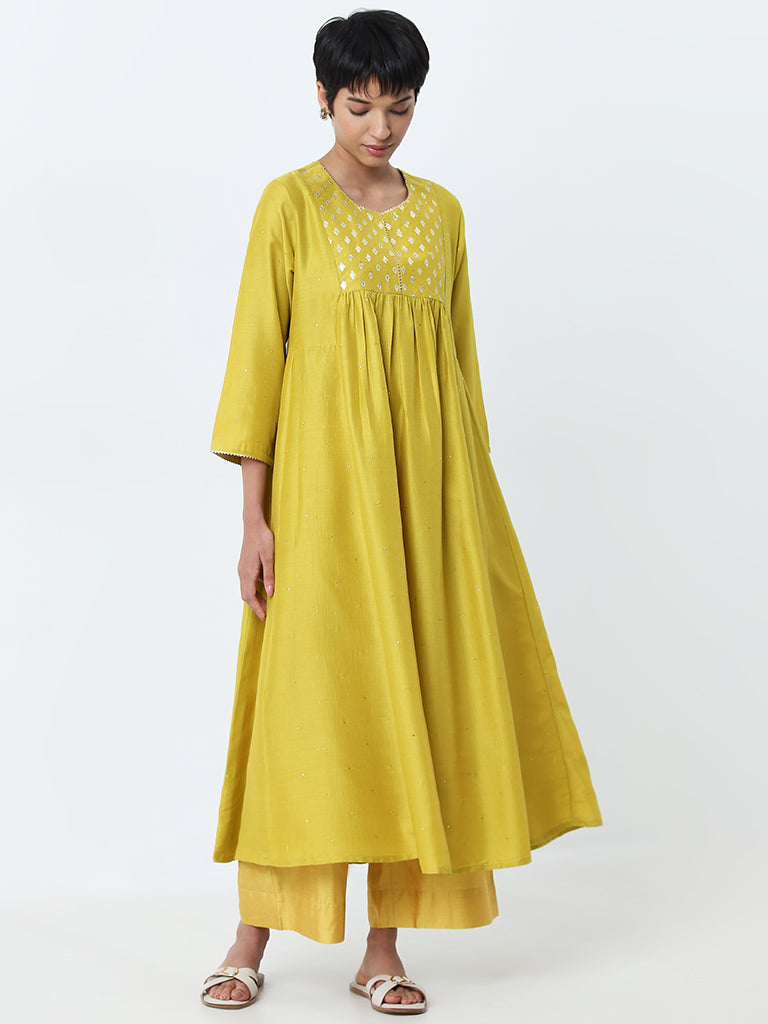 Utsa Yellow Embellished Fit-and-Flare Kurta