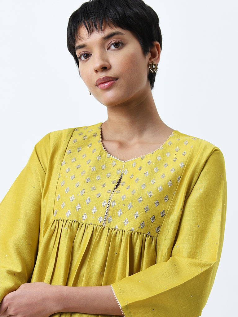 Utsa Yellow Embellished Fit-and-Flare Kurta