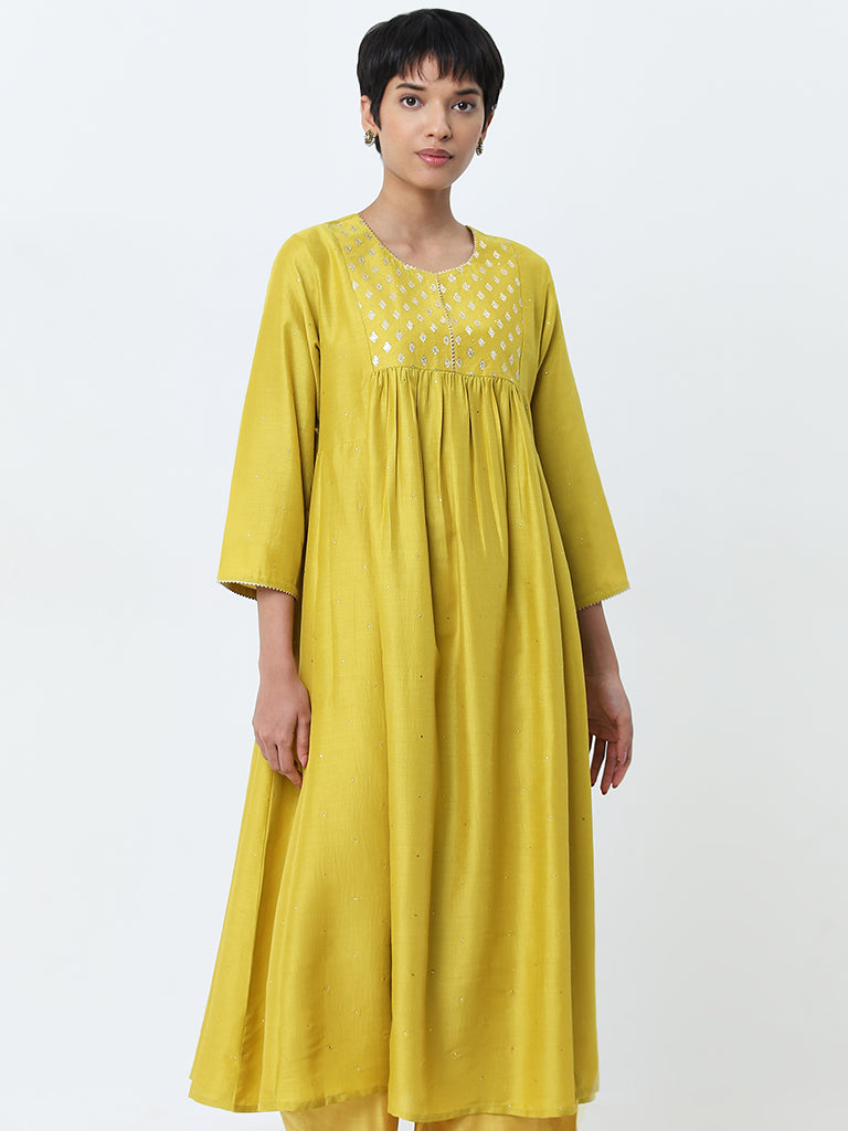 Utsa Yellow Embellished Fit-and-Flare Kurta