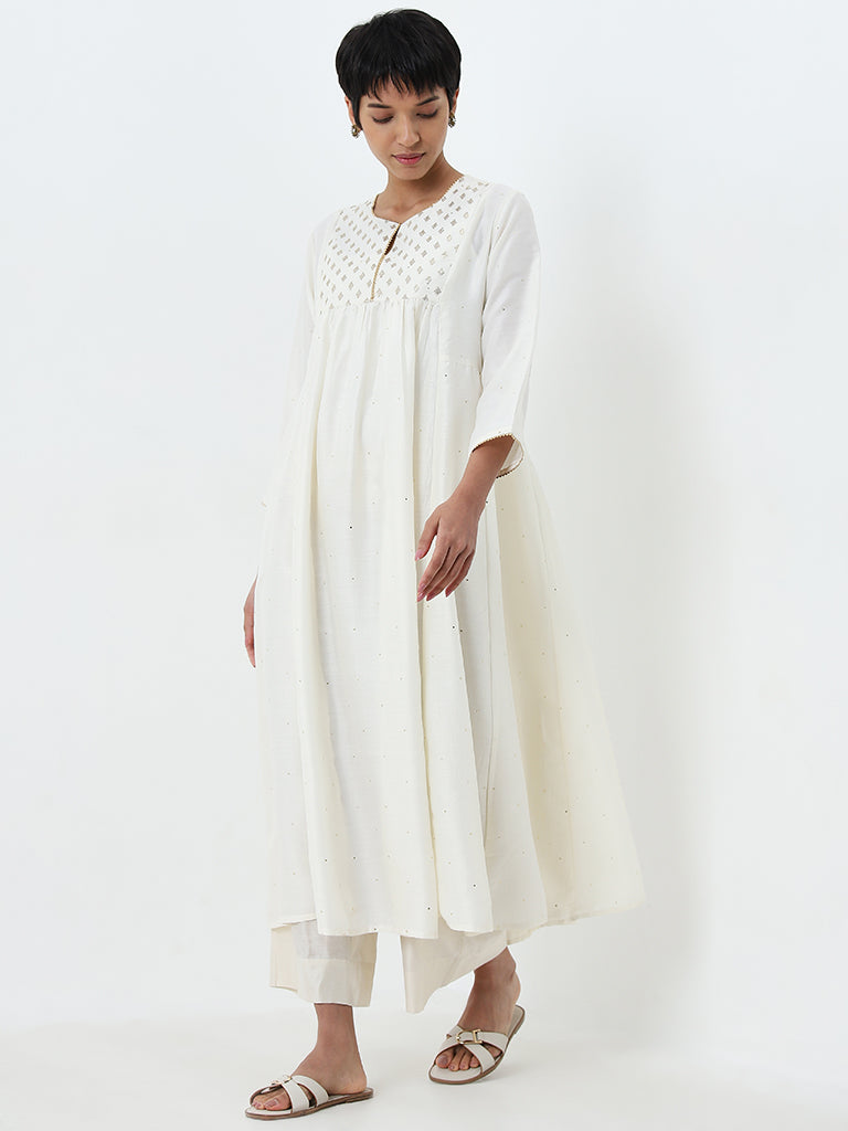 Utsa Off-White Embellished Fit-and-Flare Kurta