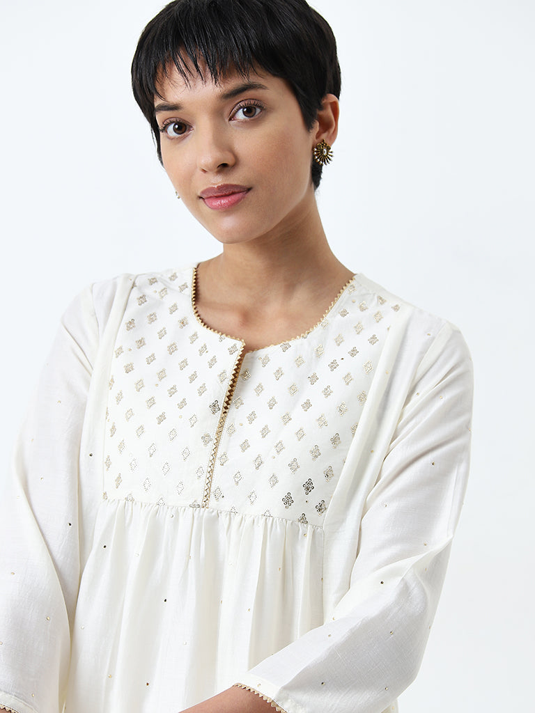 Utsa Off-White Embellished Fit-and-Flare Kurta