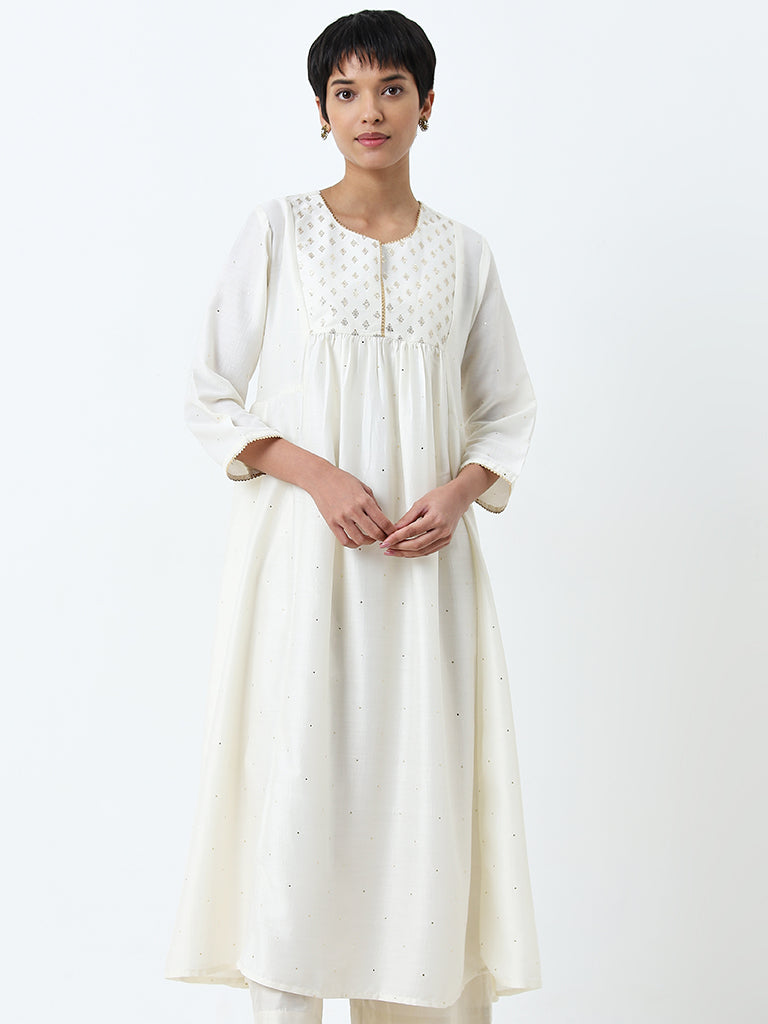 Utsa Off-White Embellished Fit-and-Flare Kurta