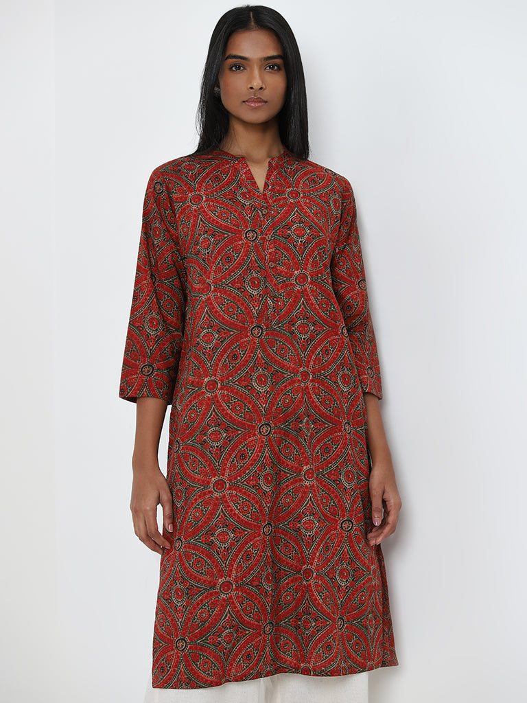 Utsa Red Printed Straight Cotton Kurta