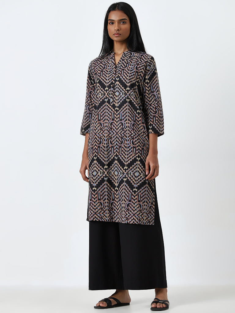 Utsa Black Geometric Design Straight Cotton Kurta