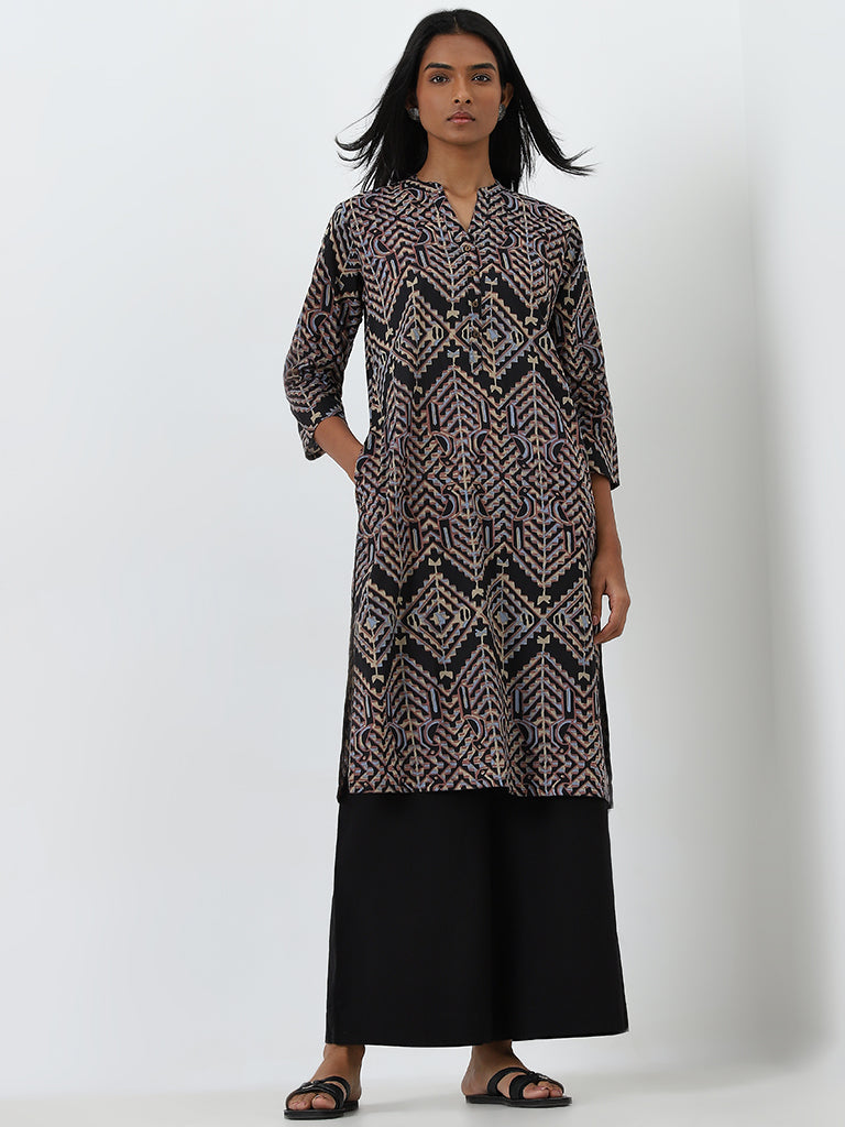 Utsa Black Geometric Design Straight Cotton Kurta