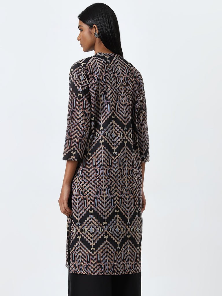 Utsa Black Geometric Design Straight Cotton Kurta