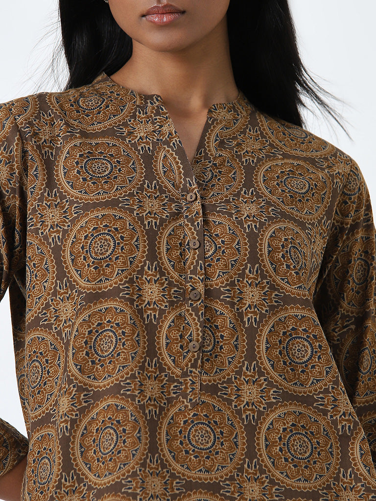 Utsa Brown Printed Straight Cotton Kurta