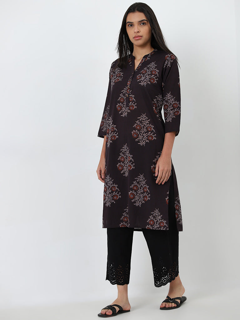 Utsa Charcoal Floral Printed Straight Cotton Kurta