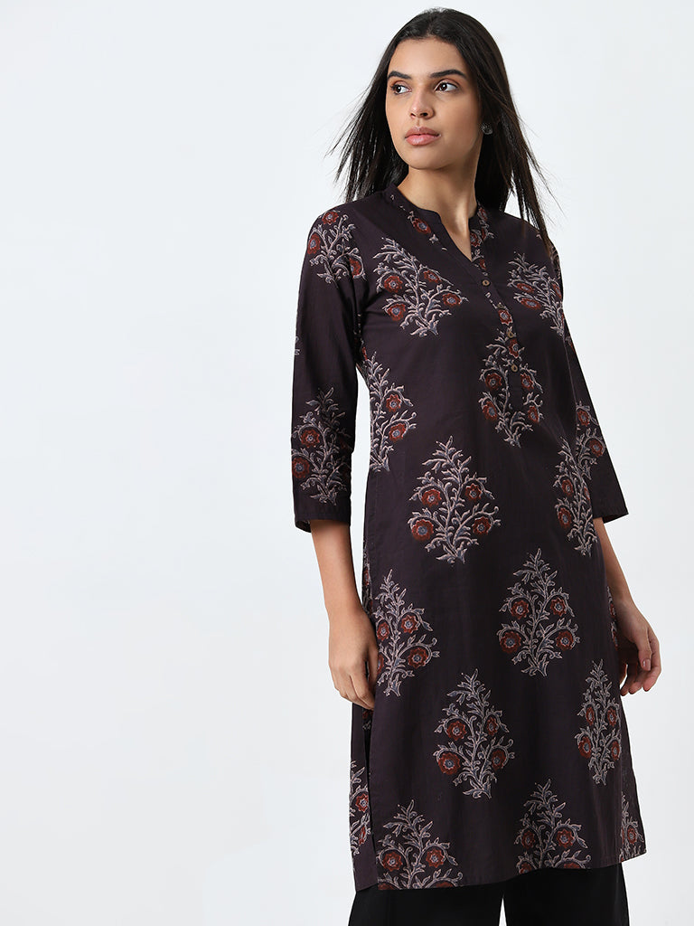 Utsa Charcoal Floral Printed Straight Cotton Kurta