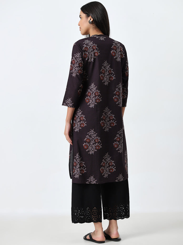 Utsa Charcoal Floral Printed Straight Cotton Kurta