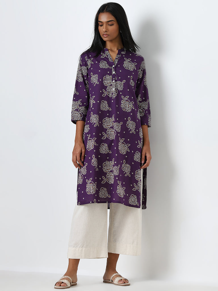 Utsa Purple Bandhani Printed Straight Cotton Kurta