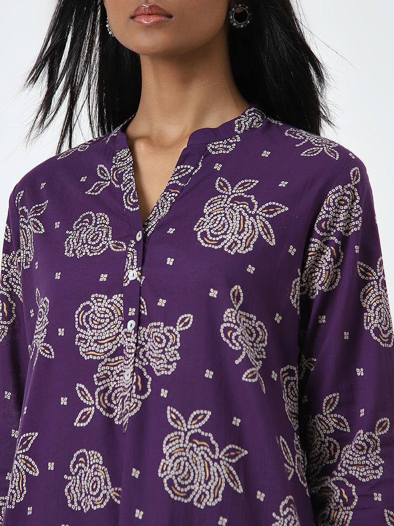 Utsa Purple Bandhani Printed Straight Cotton Kurta