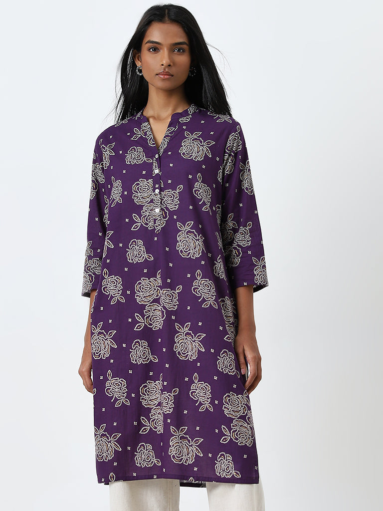 Utsa Purple Bandhani Printed Straight Cotton Kurta