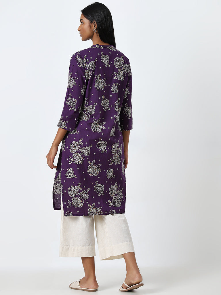 Utsa Purple Bandhani Printed Straight Cotton Kurta