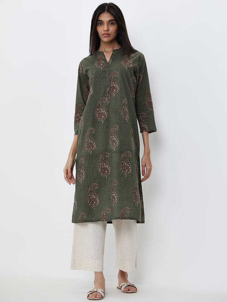 Utsa Sage Paisley Design A-Line Cotton Kurta