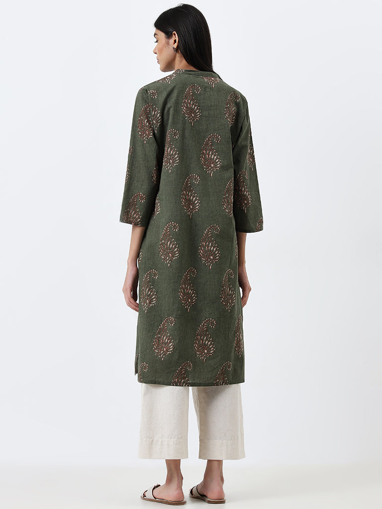 Utsa Sage Paisley Design A-Line Cotton Kurta