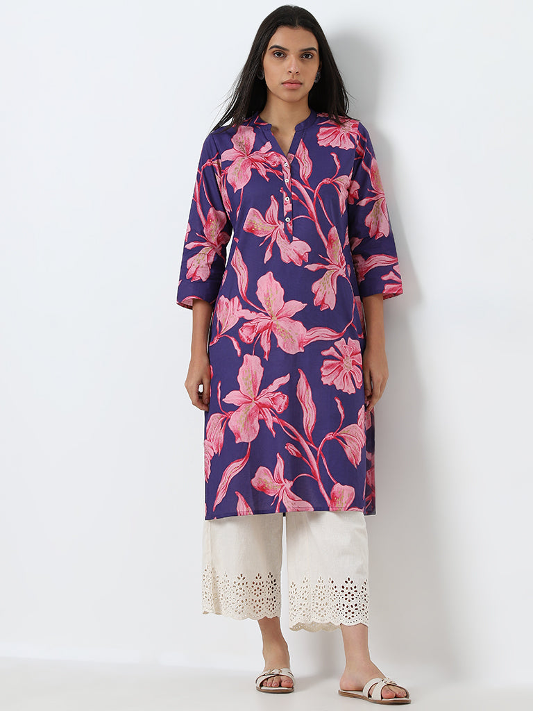 Utsa Purple Floral Design Straight Cotton Kurta